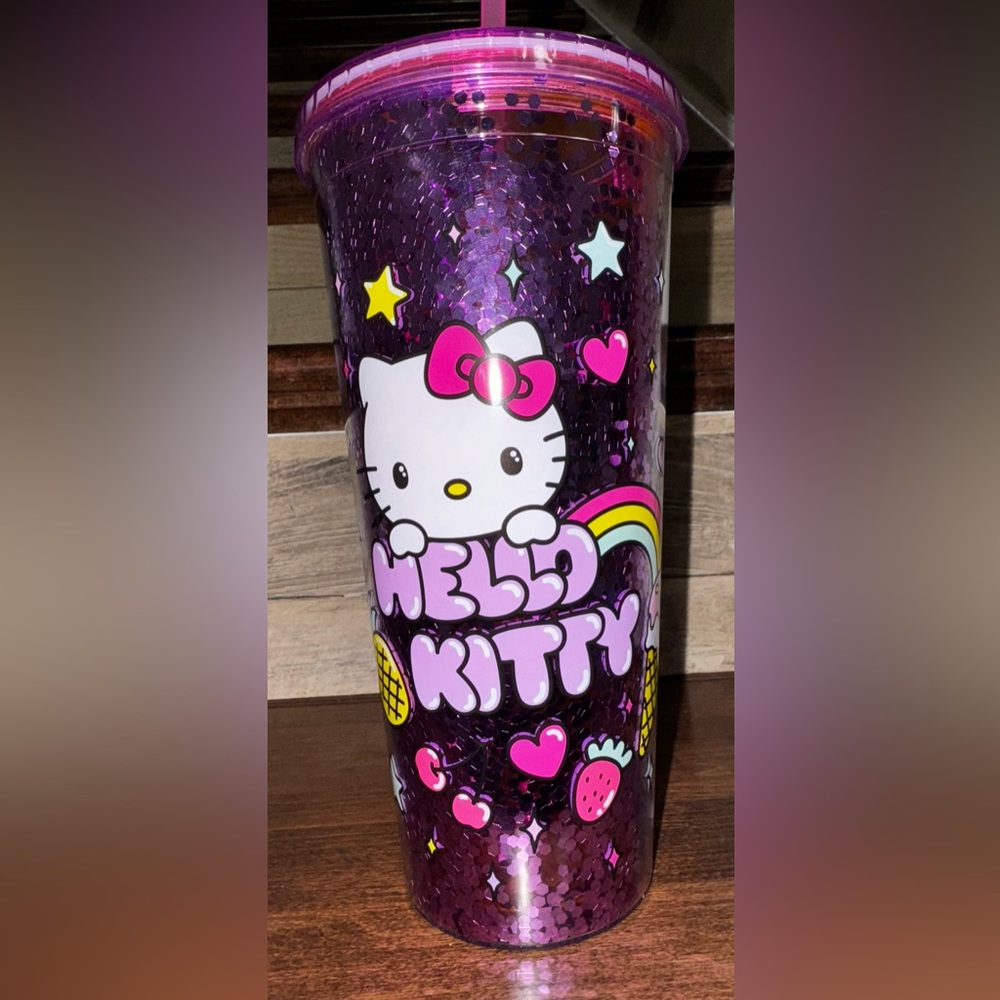 Sanrio Hello Kitty Rainbow Confetti Plastic Carnival Cold Cup with Straw…
